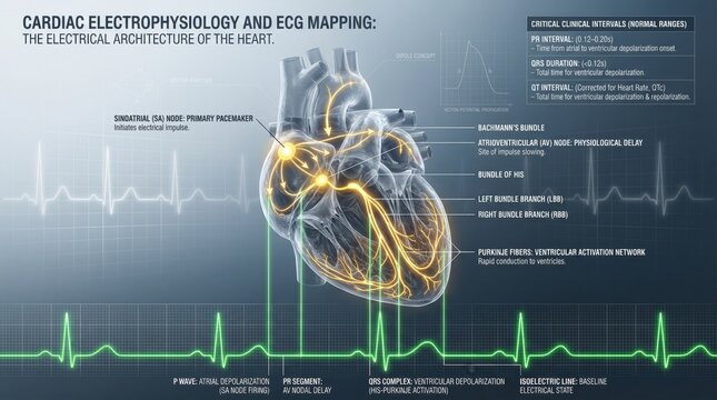 Detailed Illustration of Cardiac Electrophysiology and ECG Mapping Highlighting Electrical Architecture of the Heart