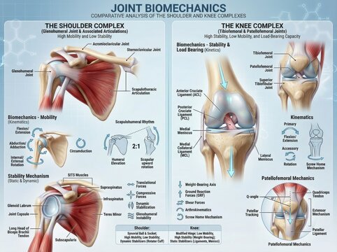 Detailed Comparative Analysis of Joint Biomechanics in Shoulder and Knee Complexes Focusing on Mobility and Stability Mechanisms