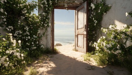 Fototapeta premium Open doorway reveals a serene beach, ocean, and sky framed by blooming white flowers