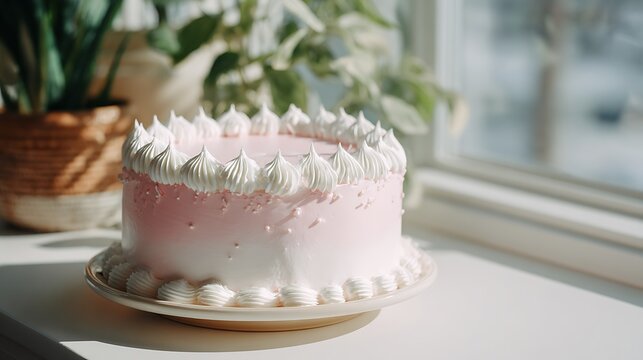Minimal Korean cake with smooth pink frosting and white border, soft daylight, cozy aesthetic