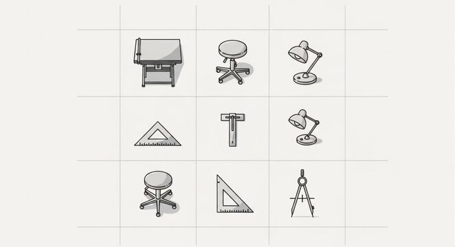 Collection of hand-drawn architectural and design tools icons.