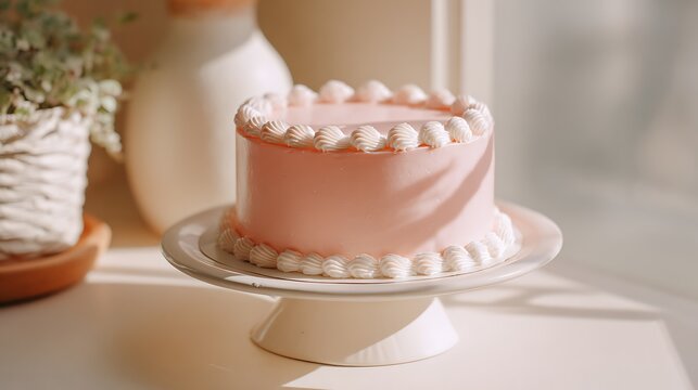 Minimal Korean cake with smooth pink frosting and white border, soft daylight, cozy aesthetic