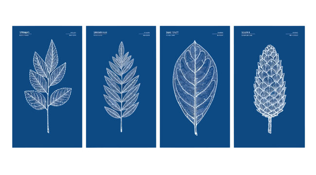 Set of four botanical illustrations of various leaves and a pinecone on a blue background