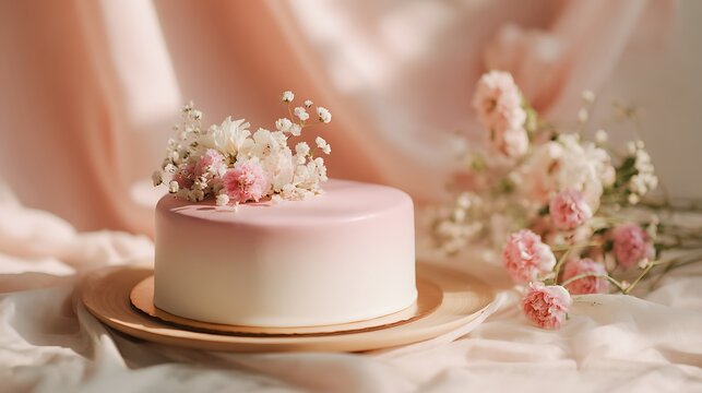 Korean minimalist cake in pink and white tones, soft studio lighting, dreamy romantic vibe