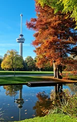 Fotobehang Rotterdam Rotterdam Euromast reflection in water with autumn colored trees and blue skies  © Isabel