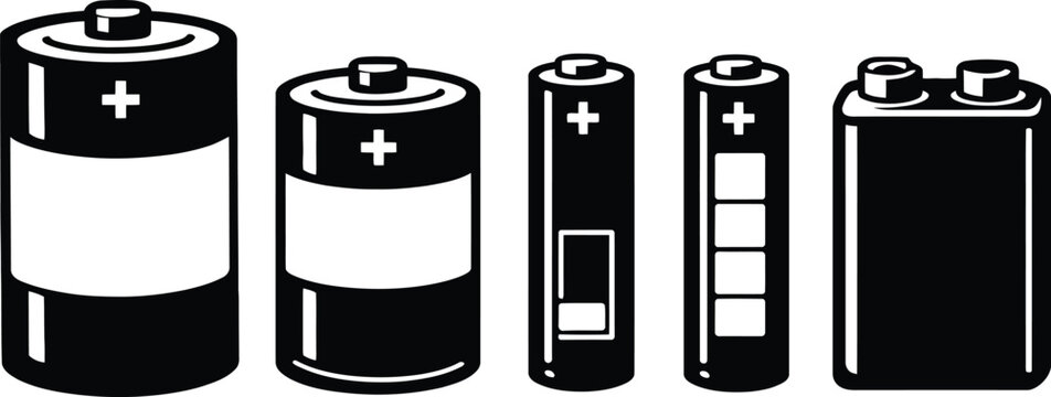 Collection of various battery types vector illustration. Includes AA, AAA, C, D, and 9-volt batteries in black and white.