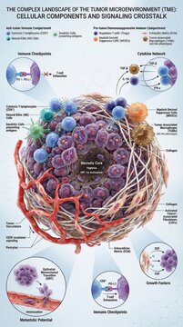 Cellular components and signaling crosstalk in tumor microenvironment, illustrating immune checkpoints and networks