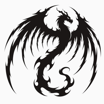 Black dragon silhouette vector, mythical winged creature tribal tattoo art, fantasy dragon mascot logo on white background