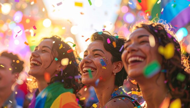 Joyful women celebrating with colorful confetti falling around them at an outdoor event.