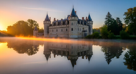 Obraz premium Large Castle Reflected in Calm Water.