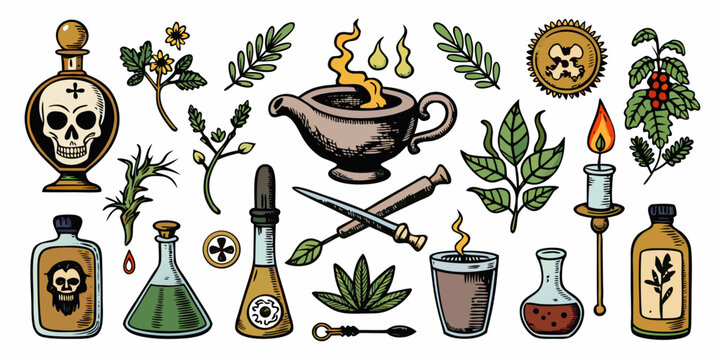 Occult alchemy and apothecary magic ritual elements set, vector