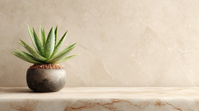 An aloe vera plant in a decorative pot sits elegantly on a marble shelf against a textured beige wall, creating a serene and natural minimalist scene now.