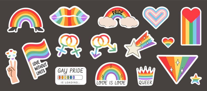 Pride die cut sticker set with rainbow icons. Hand drawn LGBTQ elements. Queer hearts, flags, symbols, and positive slogans. Trendy retro stickers for prints and digital design. Vector illustration.