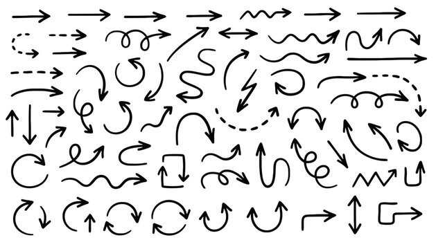 A collection of various handdrawn arrows and pointers in different styles and directions on a stock vector