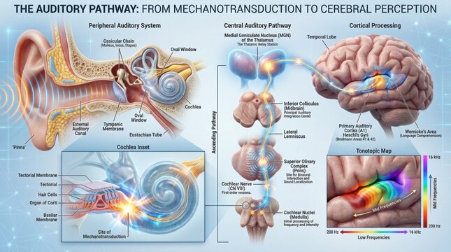 Detailed Illustration of the Auditory Pathway from Mechanotransduction to Cerebral Processing in Human Brain Anatomy
