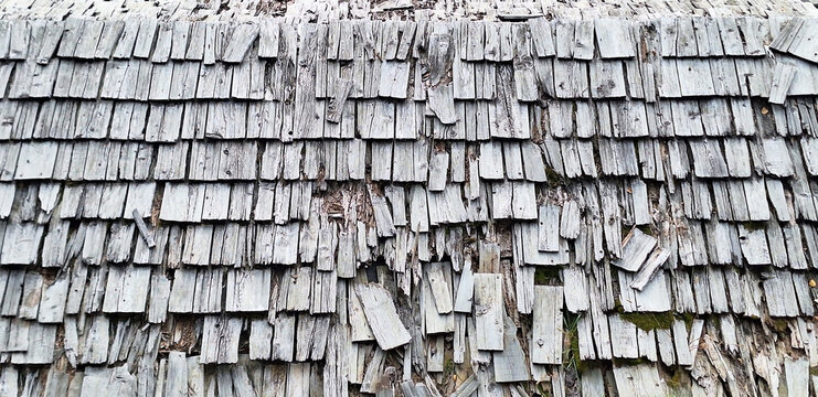 The old, destroyed cedar shake roof is an ecological roof covering for a house. Panorama.
