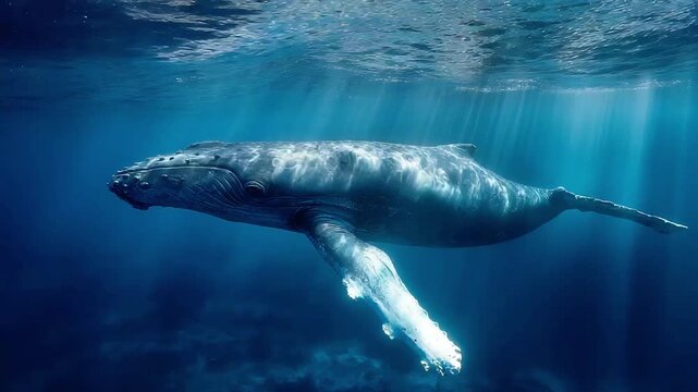 A breathtaking underwater shot of a humpback whale gracefully swimming. Evokes a sense of wonder, perfect for nature documentaries or promoting ocean 