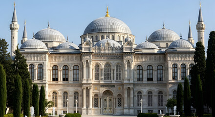 Obraz premium Large ornate building with domes and minarets.