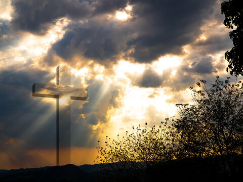 Cross christian god religion on sunset background, jesus church worship pray catholic grace christ, symbols christ love holy spiritual hope peach victory spirit meditation catholicism crucifix trush.