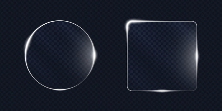 Futuristic glassmorphism UI shapes. Realistic liquid glass round and square signboards with bright edge shine on transparent background