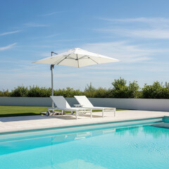 Fototapeta premium A serene poolside scene with white lounge chairs and umbrella on a sunny day