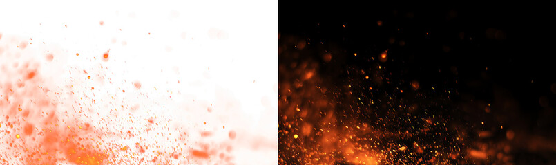 Obraz premium Blowing fire embers and glowing sparks in the wind on dark background, realistic campfire heat particles and flame texture for cinematic video and photo overlay PNG