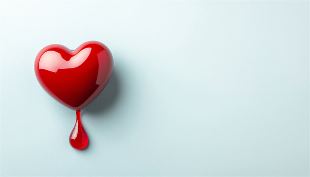 red heart shape dripping liquid like blood on a light background. Symbol of medical health, organ donation, and passion. Emotional metaphor of love, pain, and care 