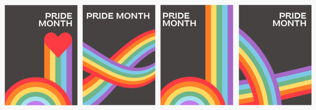 Minimalist queer pride poster set with geometric rainbow ribbons on dark background. Retro 70s Swiss design LGBTQ vertical banners and mid-century modern aesthetic for pride event marketing. Vector.