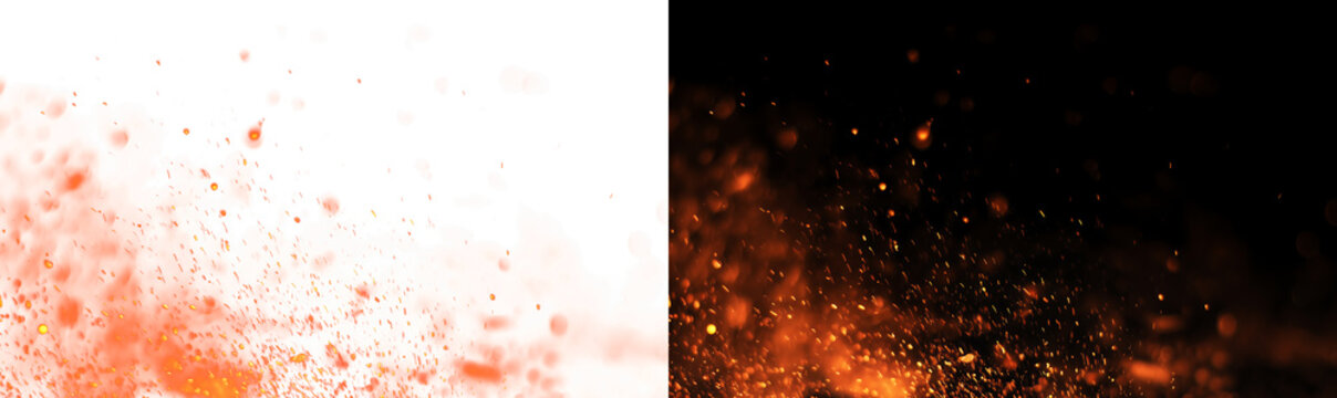 Blowing fire embers and glowing sparks in the wind on dark background, realistic campfire heat particles and flame texture for cinematic video and photo overlay PNG