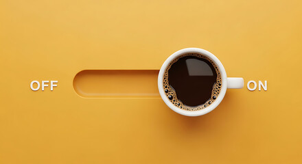 On off switch concept with coffee cup on yellow background for decision making and productivity