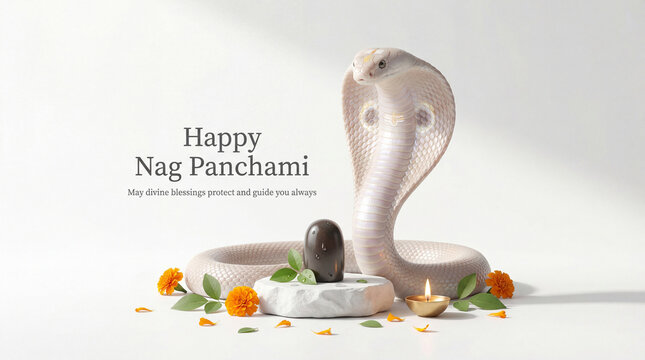White cobra with delicate markings gracefully coiled around a dark Shiva Lingam on a white pedestal, adorned with marigolds and a lit oil lamp, serene and pure