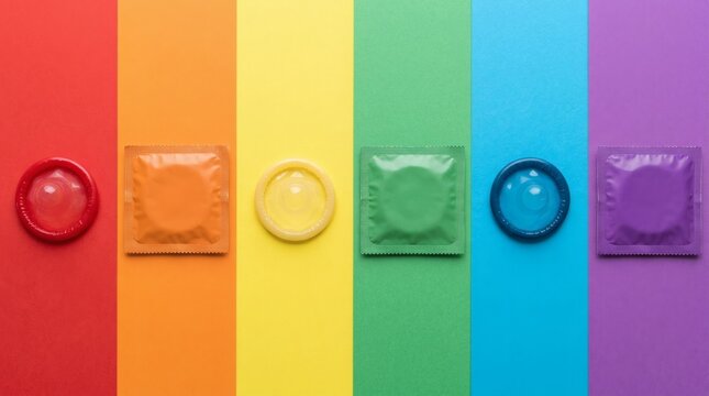 Rainbow safe Pride love with colorful condoms on matching backgrounds, and top view.