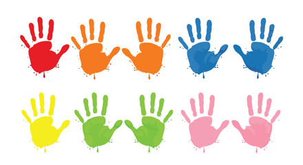 Fototapeta premium Colorful handprints in various bright colors arranged in a pattern on a white background for creative and educational