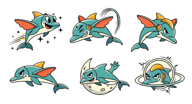 Cartoon dolphin character set in various poses