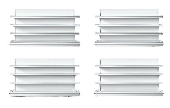 Four identical, white retail display shelving units, each featuring four levels, set against a black backdrop