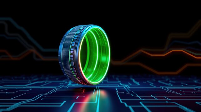 Futuristic lens floats above glowing circuit board. Bright neon lights illuminate dark background. Technology concept.