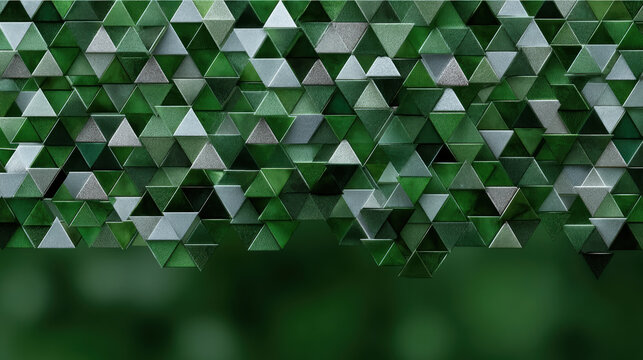 Abstract triangular dark green geometric pattern, metallic texture, modern 3D background, seamless design, creative, high fidelity visual