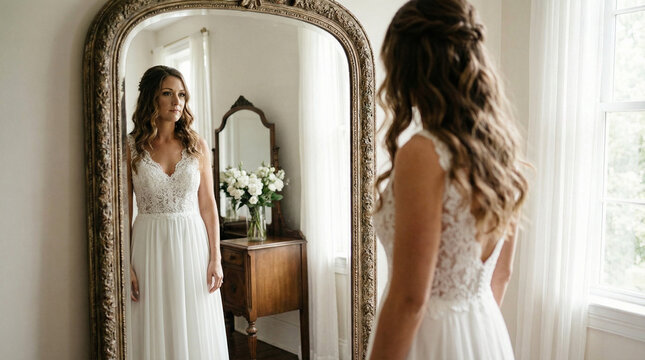 Bride admiring reflection in a mirror while wearing a wedding dress  