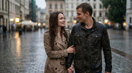 Fototapeta premium Young couple smiling and holding hands in the rain on city street 