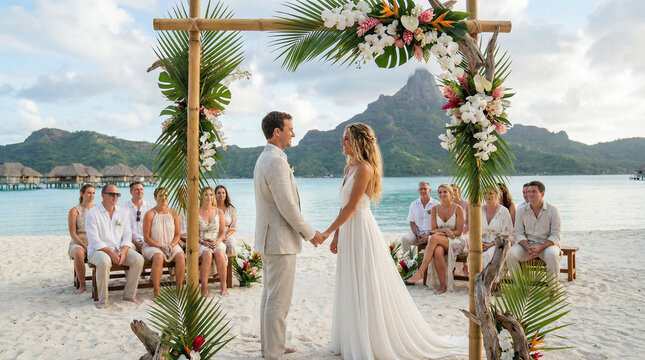 Romantic beach wedding ceremony in Bora Bora with tropical decor  