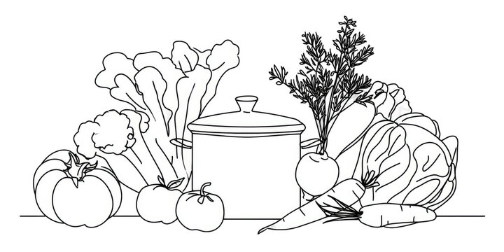 A black and white illustration of assorted vegetables and a pot, ready for cooking