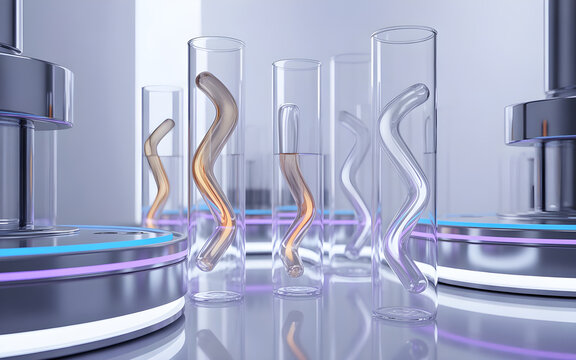 Skincare lab with glowing formulas combining Gluta-Hya and Vitamin C, futuristic glass tubes, neon accents