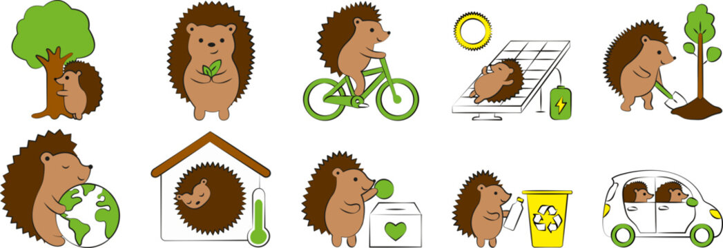 Set de 10 ic&ocirc;nes / illustrations vectorielles sur l&rsquo;&eacute;coresponsabilit&eacute; avec un h&eacute;risson (flat design, style cartoon, couleurs)