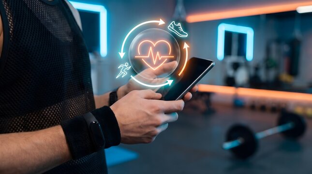 Athlete using smartphone with AI fitness coaching holographic interface