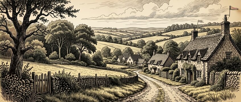 This cozy cottage is nestled in the picturesque English countryside, with a path leading to distant hills.