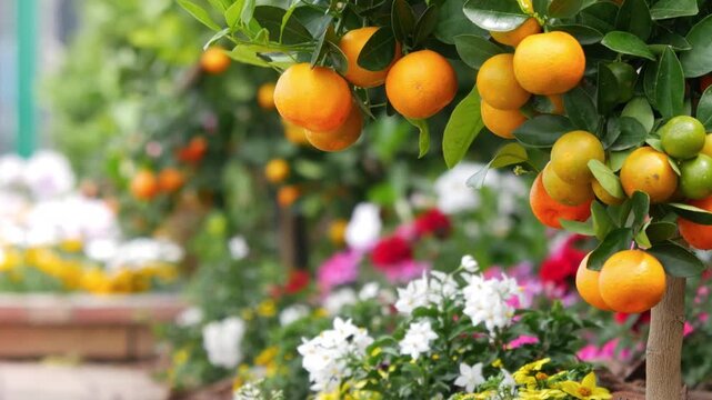 Orange tree with ripe fruits and green leaves moving gently in light breeze. Colorful flowers and garden background create soft bokeh, outdoor daylight scene with natural motion.