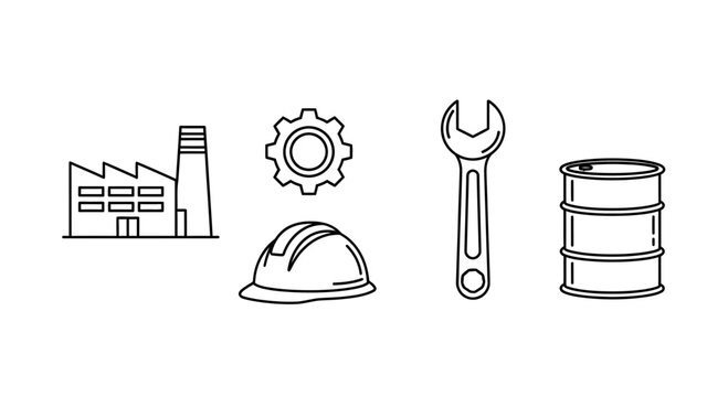 Industrial icons: factory, gear, helmet, wrench, oil barrel, construction, manufacturing, engineering