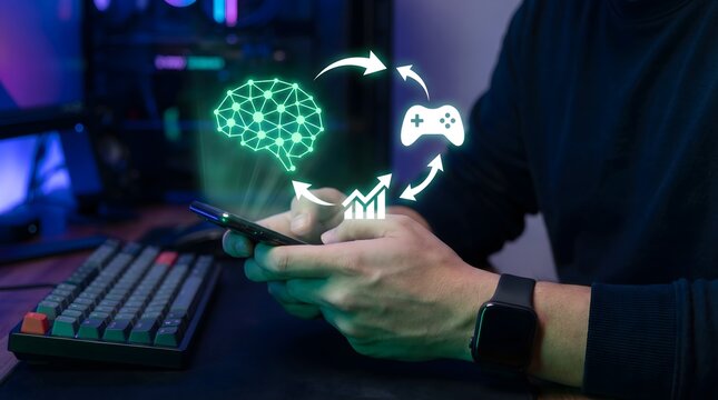 Developer using smartphone with AI agent simulation training holographic interface