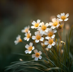 Fototapeta premium Delicate white wildflower cluster with yellow center, soft focus, natural sunlight, green background, peaceful mood