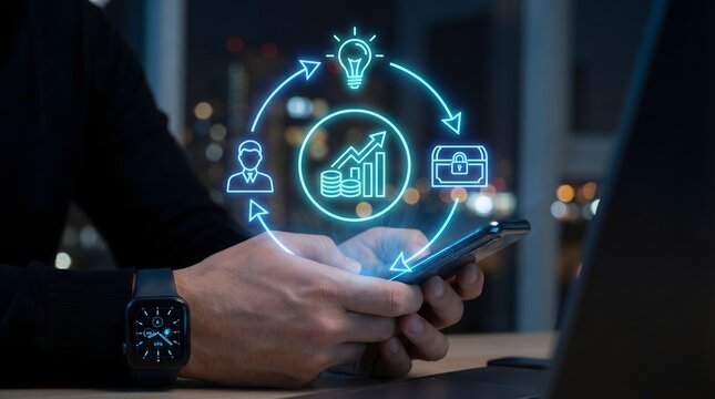 Investor using smartphone with smart investment portfolio holographic interface